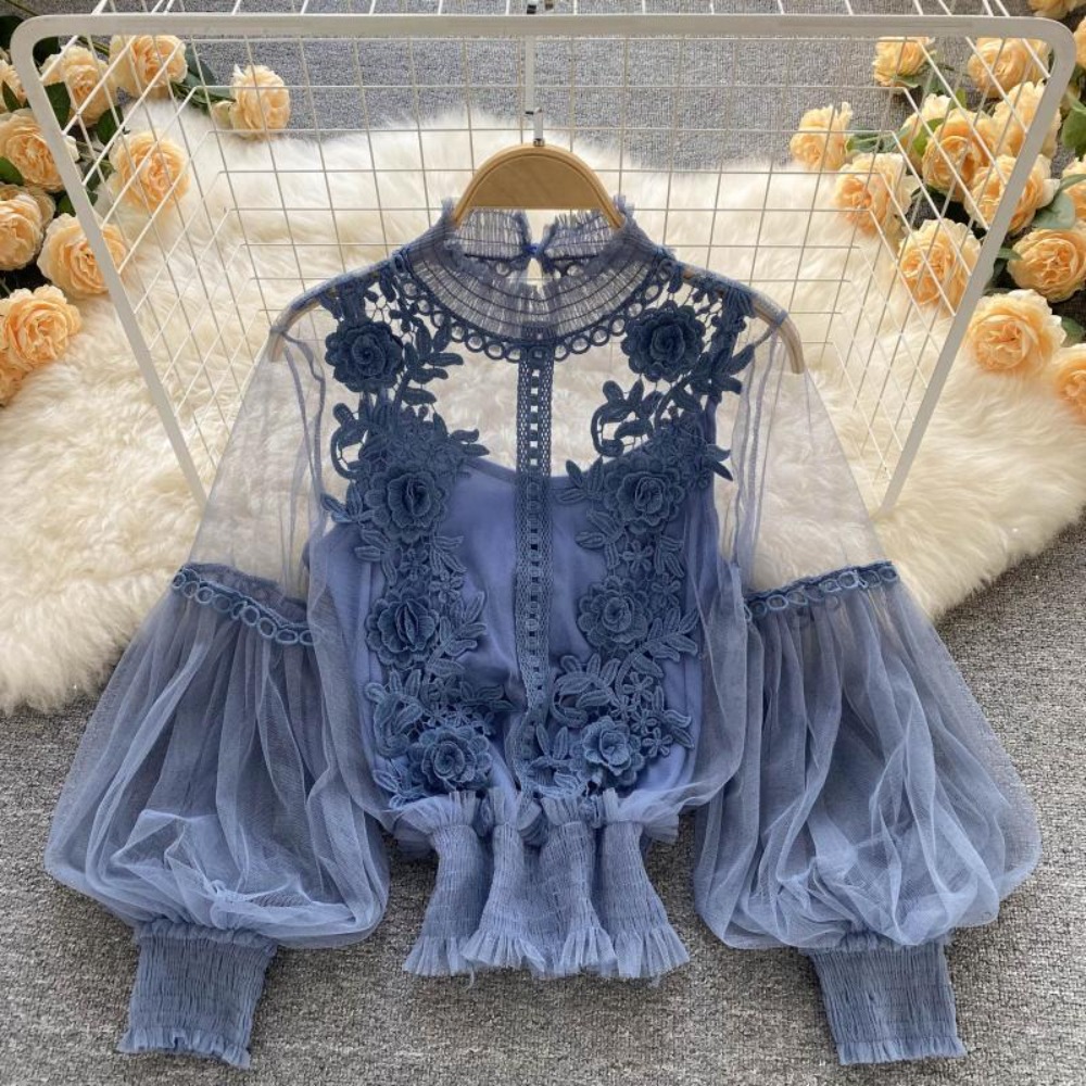 Summer Clothing Vintage - 2 ピース/セットレースパフ長袖ブラウスヴィンテージファッションブラウスエレガントなファム Blusas 韓国トップス女性シャツ服