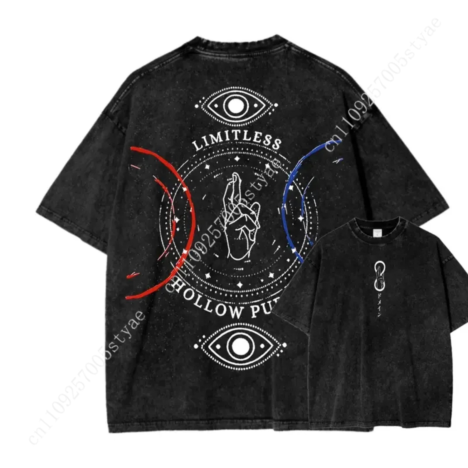 Summer Clothing Vintage - アニメ五条悟プリントTシャツ メンズ レディース ヴィンテージ風ウォッシュ加工オーバーサイズコットンTシャツ 原宿Tシャツ