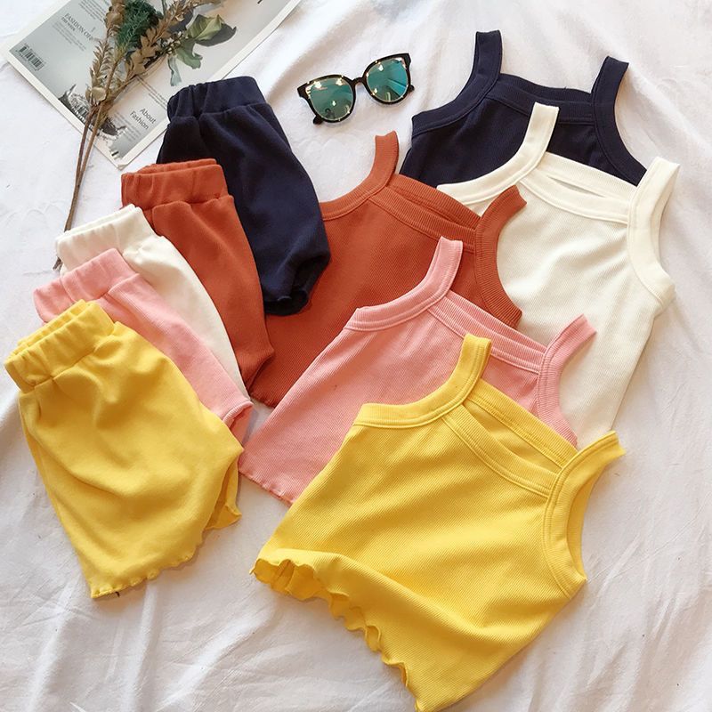 Summer Clothing Boutiques - 子供服セット ニットノースリーブタンクトップ+ショートパンツ 2点セット キッズブティック服 ベビーガールアウトフィットセット 幼児服