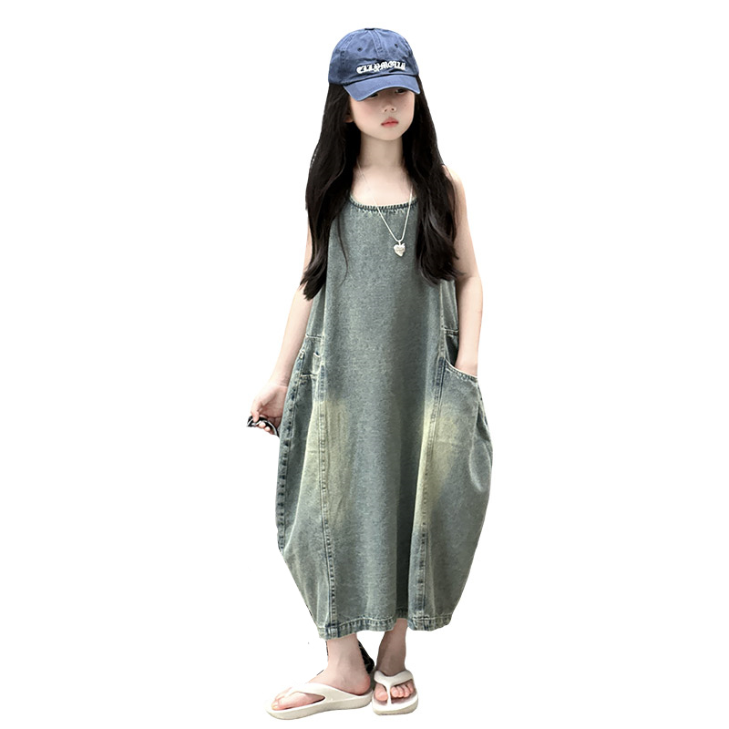 Summer Clothing Vintage - ヴィンテージブルー子供女の子高品質ノースリーブデニムドレスストリート衣装ファッション夏の子供の高級ジーンズ服