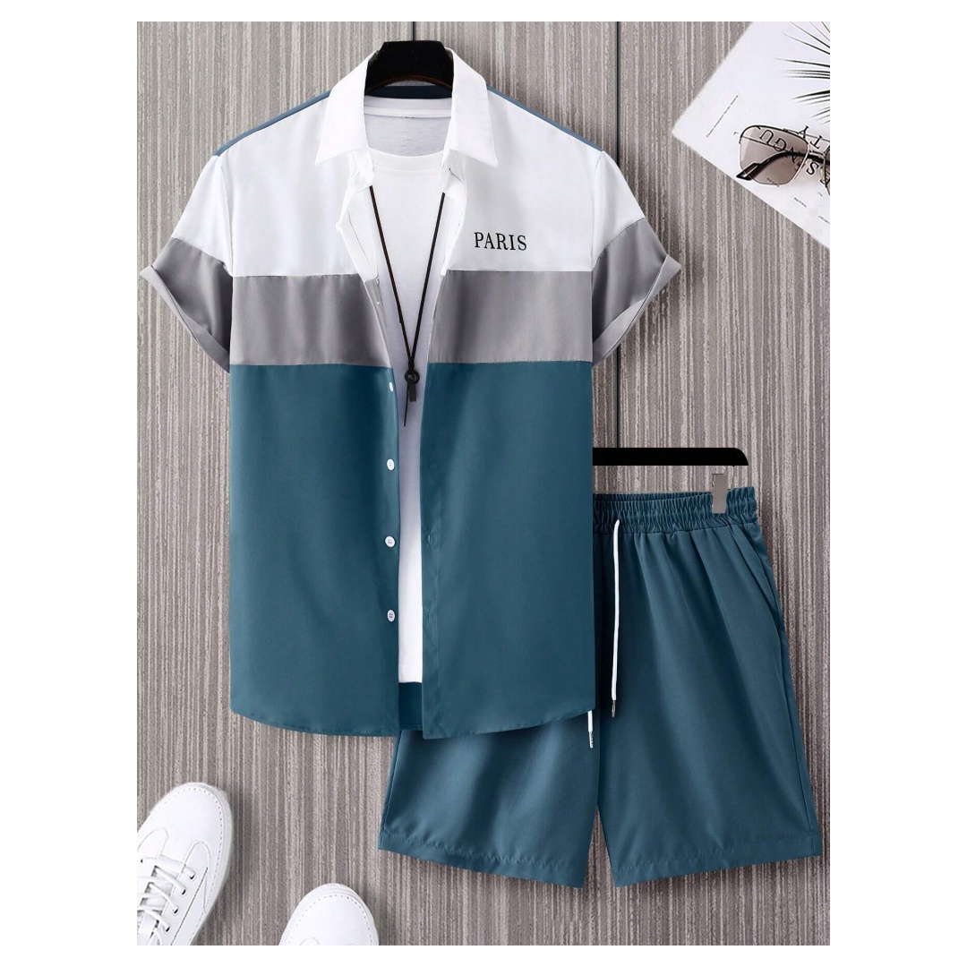 Summer Clothing Trends - メンズファッションスーツ 青と白のパッチワークカラー シングルブレスト半袖ラペルシャツとショートパンツ Y2K メンズツーピーススーツ