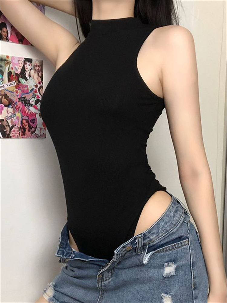 原宿固体ジャンプスーツ女性ノースリーブボディコンセクシーな黒 - Summer Clothing Vintage のレビューと価格
