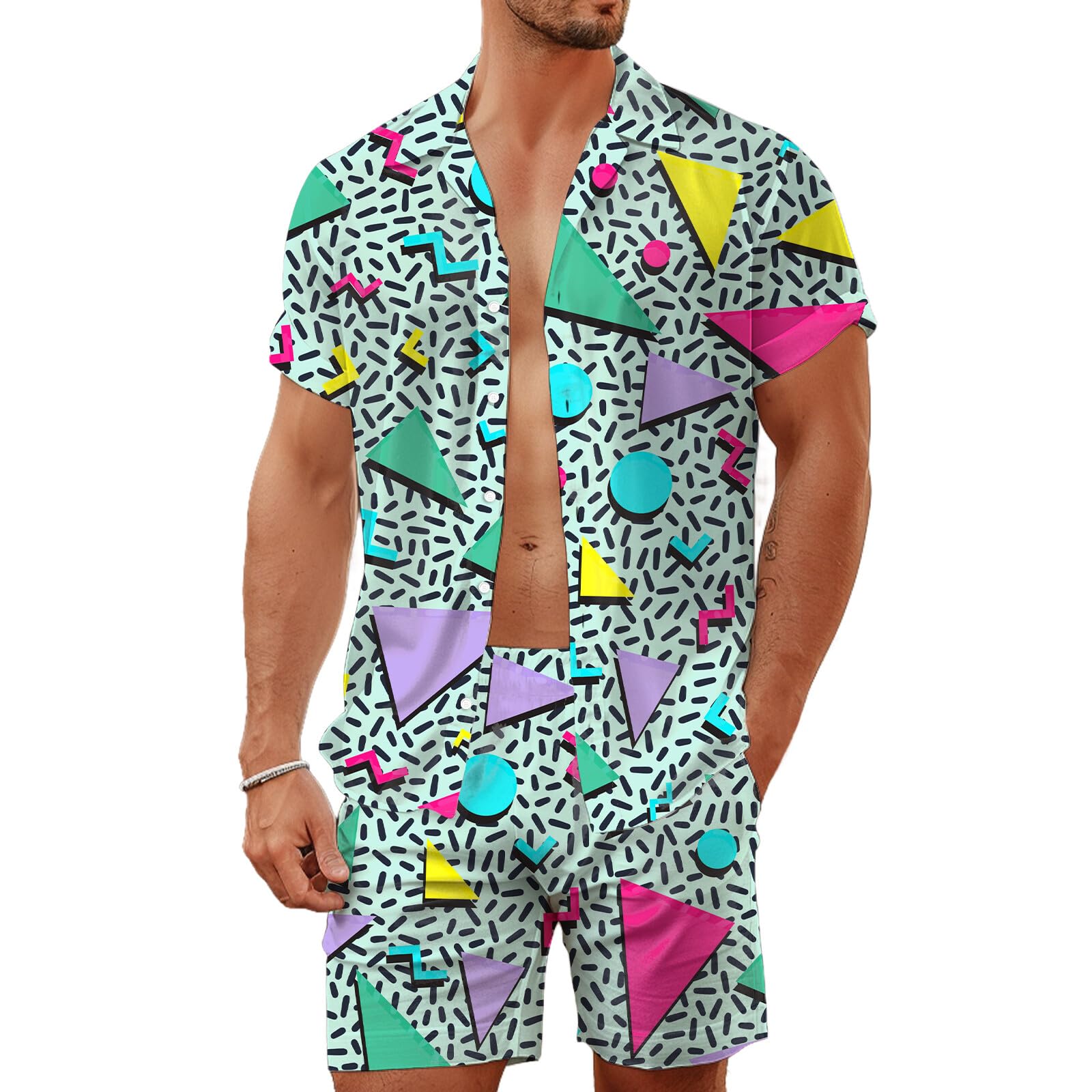 夏用不規則幾何学模様3Dプリントメンズシャツセットファッショ - Summer Clothing Trends のレビューと価格
