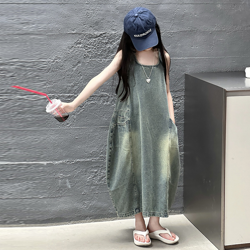 ヴィンテージブルー子供女の子高品質ノースリーブデニムドレスス - Summer Clothing Vintage のレビューと価格